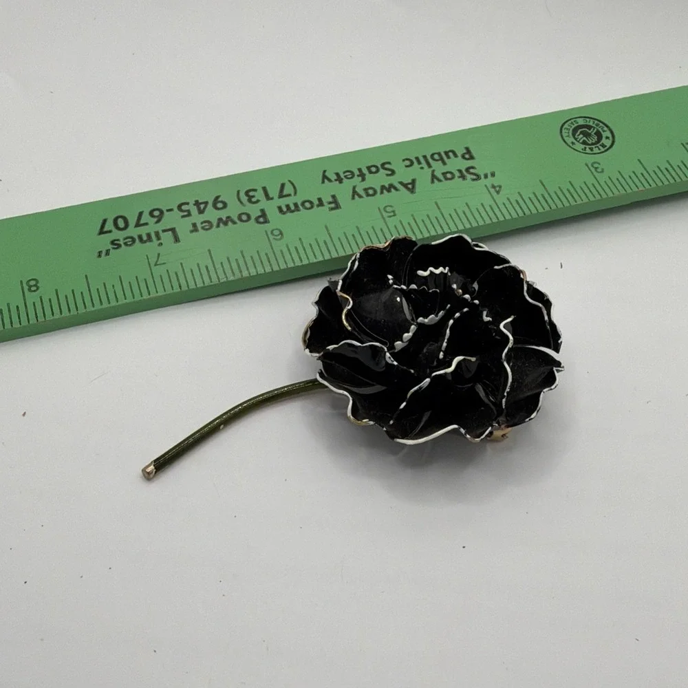 Vintage‎ 1950s Silver Tone Mid Century Black Flower Brooch